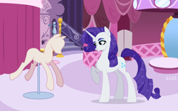 Size: 4000x2500 | Tagged: safe, artist:cursed soul, rarity, pony, unicorn, g4, boutique, carousel boutique, female, high res, indoors, looking at something, mannequin, mare, raised hoof, solo, standing