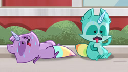 Size: 3072x1727 | Tagged: safe, screencap, raccoon, raccoonicorn, g5, hot day huh?, my little pony: tell your tale, spoiler:g5, spoiler:my little pony: tell your tale, spoiler:tyts01e57, duo, open mouth, sweat, sweatdrop, tongue out