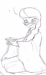 Size: 1000x1600 | Tagged: safe, artist:bauru, silver spoon, human, equestria girls, g4, blushing, drink, drinking, drunk, female, glasses, looking at you, mantle, sketch, solo