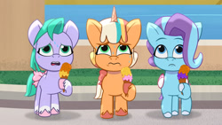 Size: 3072x1727 | Tagged: safe, screencap, glory (g5), peach fizz, seashell (g5), earth pony, pegasus, pony, unicorn, g5, hot day huh?, my little pony: tell your tale, spoiler:g5, spoiler:my little pony: tell your tale, spoiler:tyts01e57, female, filly, foal, food, frown, ice cream, ice cream cone, open mouth, pippsqueak trio, pippsqueaks, sweat, sweatdrop, trio, trio female