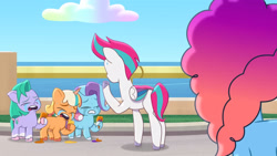 Size: 3072x1727 | Tagged: safe, screencap, glory (g5), misty brightdawn, peach fizz, seashell (g5), zipp storm, earth pony, pegasus, pony, unicorn, g5, hot day huh?, my little pony: tell your tale, spoiler:g5, spoiler:my little pony: tell your tale, spoiler:tyts01e57, crying, eyes closed, female, filly, foal, food, frown, ice cream, ice cream cone, mare, open mouth, pippsqueak trio, pippsqueaks, rebirth misty, sad