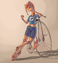 Size: 2000x2173 | Tagged: safe, artist:madhotaru, oc, oc only, oc:twiggy, giraffe, anthro, unguligrade anthro, bicycle, high res, midriff, penny-farthing, solo, velocipede