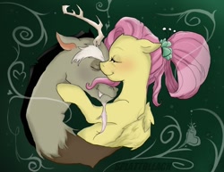 Size: 720x556 | Tagged: safe, artist:splattbleach, discord, fluttershy, pegasus, pony, g4, antlers, female, flower, flower in hair, green background, male, older, older fluttershy, ship:discoshy, shipping, simple background, straight