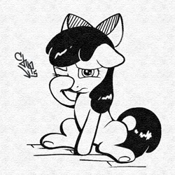 Size: 768x768 | Tagged: safe, artist:chps06, apple bloom, earth pony, pony, g4, apple bloom's bow, black and white, bow, female, filly, foal, frog (hoof), grayscale, hair bow, monochrome, one eye closed, sitting, solo, underhoof