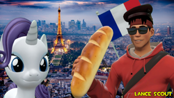 Size: 1920x1080 | Tagged: safe, artist:lancescout, rarity, human, unicorn, g4, 3d, baguette, bread, crossover, eiffel tower, female, flag, food, france, french, gmod, looking at you, male, paris, scout (tf2), team fortress 2, watermark