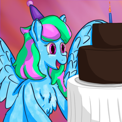 Size: 2160x2160 | Tagged: safe, artist:callichrome, oc, oc only, pegasus, pony, birthday, birthday cake, cake, excited, female, food, hat, high res, open mouth, party hat, pegasus oc, simple background, smiling, spread wings, wings
