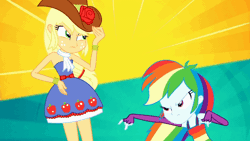 Size: 800x450 | Tagged: safe, screencap, applejack, rainbow dash, human, equestria girls, g4, my little pony equestria girls: summertime shorts, raise this roof, animated, bare shoulders, blue skin, clothes, cowboy hat, devil horn (gesture), dress, duo, duo female, evening gloves, fall formal outfits, female, fingerless elbow gloves, fingerless gloves, frown, gif, gloves, hat, long gloves, oh it's on, orange skin, sleeveless, sleeveless dress, strapless