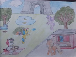 Size: 4498x3374 | Tagged: safe, artist:auro, oc, oc only, bird, duck, earth pony, pegasus, pony, unicorn, bag, baguette, basket, beret, bread, bush, cloud, eating, eiffel tower, female, filly, flying, foal, food, france, frisbee, hat, herbivore, lying, newbie artist training grounds, newspaper, onomatopoeia, paris, park, pond, shop, sitting, sleeping, sound effects, standing, standing on one leg, throwing, traditional art, tree, walking, water, zzz