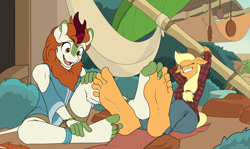Size: 1920x1146 | Tagged: safe, artist:nudeknightart, edit, applejack, autumn blaze, earth pony, kirin, pony, anthro, g4, anklet, barefoot, breasts, clothes, eager, excited, feet, fetish, foot fetish, footsie, gritted teeth, jewelry, laughing, plaid shirt, shirt, smiling, soles, teasing, teeth, tickling, toe ring, toes