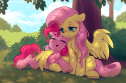 Size: 2195x1447 | Tagged: safe, artist:ls_skylight, fluttershy, pinkie pie, earth pony, pegasus, pony, g4, belly fluff, chest fluff, dappled sunlight, duo, duo female, eyebrows, eyes closed, female, floppy ears, grass, hug, lesbian, lidded eyes, looking at someone, lying down, mare, open mouth, outdoors, prone, ship:flutterpie, shipping, sitting, sleeping, smiling, spread wings, tree, under the tree, wing blanket, winghug, wings