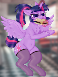 Size: 2600x3400 | Tagged: safe, artist:mclovin, twilight sparkle, alicorn, pony, g4, alternate hairstyle, belly button, burger, cheeseburger, chest fluff, clothes, diner, eating, female, food, hamburger, high res, magic, mare, mayonnaise, meat, messy eating, ponies eating meat, ponytail, sauce, socks, spread wings, stockings, tail, tail bun, teeth, telekinesis, that pony sure does love burgers, thigh highs, twilight burgkle, twilight sparkle (alicorn), underhoof, wings