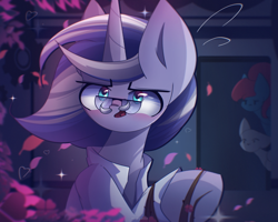 Size: 2500x2000 | Tagged: safe, artist:miryelis, oc, oc only, pony, unicorn, big ears, blushing, clothes, crossover, glasses, high res, leaves, lobotomy corporation, looking up, male, tree