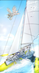 Size: 3508x6480 | Tagged: safe, artist:sinrinf, oc, alicorn, earth pony, pegasus, pony, unicorn, commission, flying, ocean, sails, sketch, water, your character here