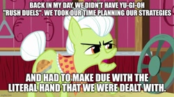 Size: 888x499 | Tagged: safe, edit, edited screencap, screencap, granny smith, earth pony, pony, g4, where the apple lies, back in my day, caption, image macro, solo, text, yu-gi-oh!