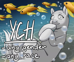 Size: 1685x1403 | Tagged: safe, artist:erein, fish, pony, advertisement, air bubble, any gender, any race, auction, auction open, bubble, commission, depth, ears up, floating, floaty, ocean, smiling, solo, swimming, tail, underwater, water, wet, ych sketch, your character here