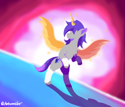 Size: 2267x1935 | Tagged: safe, artist:autumnsfur, oc, oc only, oc:glitter stone, alicorn, earth pony, pony, alicornified, artwork, diamond cutie mark, digital art, dutch angle, earth pony oc, fake horn, fake wings, female, glowing, glowing horn, glowing wings, gray coat, grey fur, hooves, horn, looking away, magic, mare, minimalist, multicolored tail, no eyes, purple hair, purple mane, signature, simple background, simplistic art style, standing on two hooves, tail, unshorn fetlocks, wings