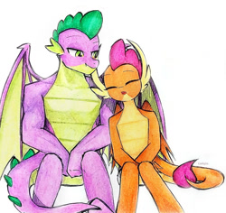 Size: 1280x1210 | Tagged: safe, artist:liaaqila, smolder, spike, dragon, anthro, g4, commission, dragoness, eyes closed, female, gigachad spike, looking at someone, male, older, older smolder, older spike, ship:spolder, shipping, simple background, straight, traditional art, white background, winged spike, wings