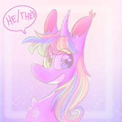 Size: 1000x1000 | Tagged: safe, artist:sugvr_alien, oc, oc only, oc:sugar berry, pony, unicorn, gradient background, horn, ponysona, pronouns, solo, speech bubble, unicorn oc