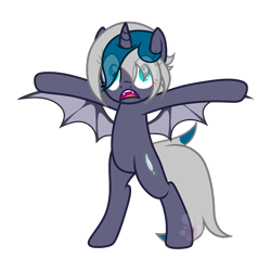 Size: 1022x1022 | Tagged: safe, artist:jerlai, oc, oc only, oc:elizabat stormfeather, alicorn, bat pony, bat pony alicorn, pony, alicorn oc, bat pony oc, bat wings, bipedal, commission, fangs, female, horn, mare, open mouth, scared, shocked, shocked expression, simple background, solo, transparent background, wings, ych result