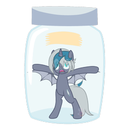 Size: 1550x1550 | Tagged: safe, artist:jerlai, oc, oc only, oc:elizabat stormfeather, alicorn, bat pony, bat pony alicorn, pony, alicorn oc, bat pony oc, bat wings, bipedal, commission, cum jar, fangs, female, horn, jar, lewd container meme, mare, oh no, open mouth, scared, shocked, shocked expression, simple background, solo, the implications are horrible, transparent background, trapped, wings, ych result