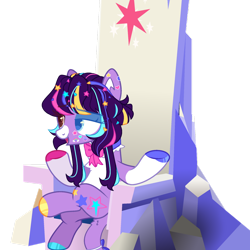 Size: 1280x1280 | Tagged: safe, artist:sundayv4x, oc, oc only, earth pony, pony, blue eyes, bowtie, brown eyes, chest fluff, coat markings, colored eyelashes, colored hooves, colored pupils, female, heterochromia, leonine tail, lidded eyes, mare, mismatched hooves, not twilight sparkle, pale belly, shrug, simple background, smug, socks (coat markings), solo, stars, sticker, tail, talking, throne, transparent background