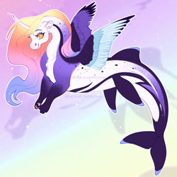 Size: 1500x1500 | Tagged: safe, artist:sadelinav, oc, draconequus, hybrid, merpony, orca, orca pony, original species, curved horn, dorsal fin, female, fin, fish tail, flowing mane, flowing tail, horn, interspecies offspring, offspring, parent:discord, parent:princess celestia, parents:dislestia, solo, tail