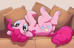 Size: 2000x1314 | Tagged: safe, artist:pabbley, pinkie pie, earth pony, pony, g4, behaving like a dog, butt, couch, cute, diapinkes, dock, featureless crotch, female, frog (hoof), looking at you, lying down, mare, on back, plot, ponk, puppy pie, solo, tail, underhoof