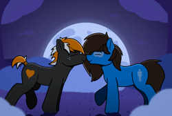 Size: 3508x2356 | Tagged: safe, artist:sefastpone, oc, oc only, oc:appleblue, oc:se, earth pony, pony, digital art, freckles, gay, high res, male, moon, night, nuzzling, park, stallion