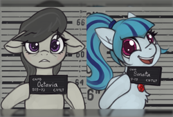 Size: 1506x1018 | Tagged: safe, artist:marsminer, octavia melody, sonata dusk, earth pony, pony, g4, barbie, barbie (film), barbie mugshot meme, chest fluff, cute, earth pony sonata dusk, equestria girls ponified, floppy ears, hoof hold, magnetic hooves, meme, mugshot, ponified, ponified siren, sonatabetes