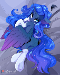 Size: 2315x2895 | Tagged: safe, artist:php178, artist:xsatanielx, derpibooru exclusive, editor:php178, vector edit, princess luna, alicorn, pony, rcf community, g4, .svg available, bed, bedroom eyes, blue mane, blue tail, butt, catchlights, chest fluff, clothes, collar, colored, colored pupils, colored wings, complex background, crown, cyan eyes, dock, eyeshadow, featureless crotch, female, floppy ears, frog (hoof), glowing, glowing eyes, glowing mane, glowing tail, gradient mane, gradient tail, gradient wings, high res, highlight, highlights, hoofbutt, horn, inkscape, jewelry, lidded eyes, long mane, long tail, looking at you, looking back, looking back at you, lying, lying down, makeup, mane, mare, missing accessory, moonbutt, multicolored eyes, multicolored mane, multicolored tail, nc-tv signature, on bed, on side, patreon, patreon logo, plot, presenting, raised hoof, raised tail, rear view, redraw, regalia, remake, sfw edit, shading, shadow, shadows, signature, socks, solo, sparkly mane, sparkly tail, spread wings, style emulation, sultry, sultry pose, svg, tail, underhoof, vector, wings, wings down