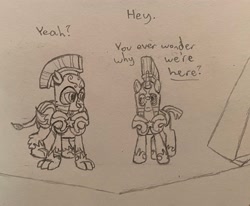 Size: 2450x2016 | Tagged: safe, artist:ohshitanelite, derpibooru exclusive, griffon, pony, unicorn, conversation, dexter griff, dick simmons, griffon guard, guard, high res, male, red vs blue, royal guard, stallion, talking, traditional art