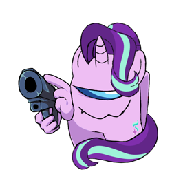 Size: 1280x1280 | Tagged: safe, artist:josephthedumbimpostor, starlight glimmer, g4, among us, friday night funkin', glimpostor, gun, impostor (among us), simple background, solo, sus (among us), this will end in communism, vs impostor v4, weapon, white background