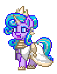 Size: 196x252 | Tagged: safe, artist:steamydonutz, oc, oc only, oc:azure glamour, pony, unicorn, pony town, animated, blinking, clothes, crown, curly mane, curly tail, description, female, jewelry, mare, pixel art, regalia, simple background, solo, story included, tail, transparent background, trotting, trotting in place, walking