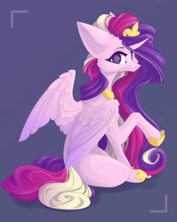 Size: 1280x1609 | Tagged: safe, artist:justeuge, princess cadance, alicorn, pony, g4, crown, curved horn, digital art, feather, female, hoof shoes, horn, jewelry, long mane, looking at you, mare, multicolored mane, multicolored tail, peytral, purple background, purple eyes, raised hoof, regalia, simple background, sitting, solo, tail, teeth, wings