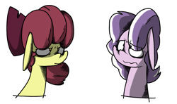 Size: 1095x649 | Tagged: safe, artist:thedangbooper, apple bloom, diamond tiara, earth pony, pony, moody mark crusaders, g4, alternate hairstyle, alternate universe, apple gloom, bow, duo, duo female, female, floppy ears, hair bow, looking forward, simple background, tiaraless tiara, unamused, white background, worried