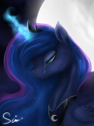 Size: 1229x1639 | Tagged: safe, artist:midna77, princess luna, alicorn, pony, g4, blue eyes, blue mane, crown, crying, digital art, ethereal mane, eyelashes, eyeshadow, feather, female, flowing mane, folded wings, glowing, glowing horn, horn, jewelry, looking down, magic, makeup, mane, mare, moon, moonlight, night, peytral, regalia, sad, signature, solo, starry mane, sternocleidomastoid, teary eyes, wings