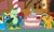 Size: 2048x1237 | Tagged: safe, artist:ry-bluepony1, spike, oc, oc:flare spark, oc:gregory griffin, oc:royal strength, oc:train track, alicorn, dragon, griffon, pegasus, pony, unicorn, g4, cake, food, happy birthday