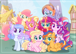 Size: 1023x731 | Tagged: safe, artist:shebasoda, luster dawn, oc, oc:buttercream pie, oc:daydream spell, oc:dusk light, oc:honey bunny pie, oc:sapphire lace, oc:starglory magic, oc:sunlight spark, earth pony, pegasus, pony, unicorn, g4, base used, blue eyes, brother and sister, closed mouth, coat markings, colored eyelashes, colored muzzle, colored pupils, colored wings, colored wingtips, dreamworks face, eyebrows, eyeshadow, facial markings, female, flying, folded wings, frown, glasses, golden eyes, gradient mane, grin, house, lidded eyes, looking at you, lying down, magical lesbian spawn, magical threesome spawn, makeup, male, mare, mountain, multicolored eyes, next generation, offspring, open mouth, parent:flash sentry, parent:fluttershy, parent:kerfuffle, parent:moondancer, parent:pinkie pie, parent:rarity, parent:starlight glimmer, parent:sunburst, parent:sunset shimmer, parent:trixie, parent:twilight sparkle, parents:flashimmer, parents:flutterpie, parents:rarifuffle, parents:stardancer, parents:startrix, parents:startrixdancer, parents:trixdancer, parents:twiburst, pink eyes, ponytail, ponyville, posing for photo, prone, purple eyes, raised eyebrow, round glasses, siblings, sisters, sky, smiling, snip (coat marking), spread wings, stallion, standing, star (coat marking), teal eyes, wall of tags, wings, yellow eyes