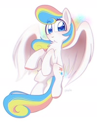 Size: 1441x1808 | Tagged: safe, artist:inkp0ne, oc, oc only, oc:gabrizzy, pegasus, pony, chest fluff, eye clipping through hair, flying, looking at you, smiling, solo, spread wings, wings
