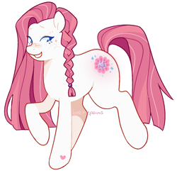 Size: 1705x1662 | Tagged: safe, artist:beetlepaws, shimmer shine, earth pony, pony, g3, blue eyes, braid, cutie mark, glowing cutie mark, hoof heart, pink hair, pink mane, pink tail, raised hoof, simple background, solo, tail, transparent background, underhoof, white