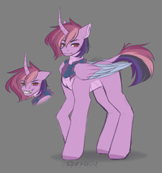 Size: 1792x1916 | Tagged: safe, artist:sparkie45, oc, oc only, oc:sparkie, alicorn, dragon, hybrid, pony, bags under eyes, body markings, clothes, colored hooves, colored wings, colored wingtips, curved horn, facial markings, fangs, folded wings, gray background, grin, horn, leonine tail, looking at you, male alicorn, male alicorn oc, multicolored hair, pale belly, rainbow hair, rainbow tail, raised hoof, rule 63, scarf, simple background, slit pupils, smiling, solo, standing, striped scarf, tail, wings