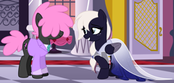 Size: 6288x3018 | Tagged: safe, artist:feather_bloom, oc, oc:aura blossom(kaitykat), oc:echo wave(fb), earth pony, pegasus, pony, clothes, couple, detailed background, dress, freckles, gala dress, grand galloping gala, nervous, suit