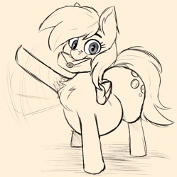 Size: 1043x1049 | Tagged: safe, artist:somefrigginnerd, derpy hooves, pegasus, pony, g4, aderpose, belly, chest fluff, envelope, fat, female, large butt, looking at you, mail, mare, monochrome, mouth hold, simple background, smiling, smiling at you, solo, waving