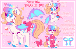 Size: 1280x836 | Tagged: safe, artist:shebasoda, oc, oc only, oc:frosting sparkle pie, bat pony, pony, :p, bat pony oc, blood, bow, cherry, chest fluff, closed mouth, clothes, colored hooves, colored wings, cupcake, ear tufts, elbow fluff, eyes closed, fangs, female, folded wings, food, heart, hoof heart, leg fluff, looking at you, mare, multicolored wings, pink background, reference sheet, simple background, sitting, sparkles, sparkly mane, sparkly tail, spread wings, standing, tail, tail bow, teal eyes, text, tongue out, turtleneck, underhoof, wings