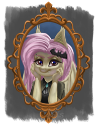 Size: 3158x4000 | Tagged: safe, artist:danthez, fluttershy, bat pony, anthro, g4, bat ponified, digital painting, female, flutterbat, frame, hairpin, painting, race swap, signature, smiling