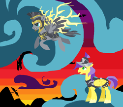 Size: 1026x890 | Tagged: safe, artist:foldawaywings, commander hurricane, private pansy, dragon, pegasus, pony, g4, hearth's warming eve (episode), armor, cloud, duo focus, electricity, electrokinesis, evening, female, flying, helmet, male, mare, on a cloud, stallion, standing on a cloud