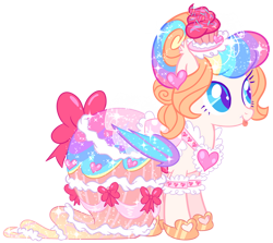 Size: 828x739 | Tagged: safe, artist:shebasoda, oc, oc only, oc:frosting sparkle pie, bat pony, pony, bat pony oc, bow, clothes, colored eyelashes, colored pupils, colored wings, cupcake, detached sleeves, dress, ear tufts, fangs, female, folded wings, food, gala dress, hair bun, hat, hoof shoes, lace, mare, multicolored wings, ribbon, simple background, slit pupils, solo, sparkly mane, sparkly tail, sparkly wings, standing, tail, teal eyes, tongue out, transparent background, wings