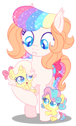 Size: 828x1367 | Tagged: safe, artist:shebasoda, baby frosting, baby sugarcake, oc, oc:frosting sparkle pie, bat pony, earth pony, pony, unicorn, g1, g4, baby, baby pony, bat pony oc, blue eyes, bow, closed mouth, colored wings, cyan eyes, diaper, ear tufts, fangs, folded wings, frown, g1 to g4, generation leap, hair bow, holding baby, looking at each other, looking at someone, looking down, looking up, multicolored wings, open mouth, simple background, slit pupils, smiling, sparkly mane, sparkly tail, standing, tail, tail bow, teal eyes, transparent background, trio, wings