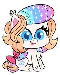 Size: 500x627 | Tagged: safe, artist:shebasoda, oc, oc only, oc:frosting sparkle pie, bat pony, pony, g4.5, my little pony: pony life, bat pony oc, bow, chest fluff, colored wings, ear tufts, fangs, female, folded wings, looking at you, mare, multicolored wings, simple background, sitting, solo, sparkly mane, sparkly tail, tail, tail bow, teal eyes, tongue out, transparent background, unshorn fetlocks, wings