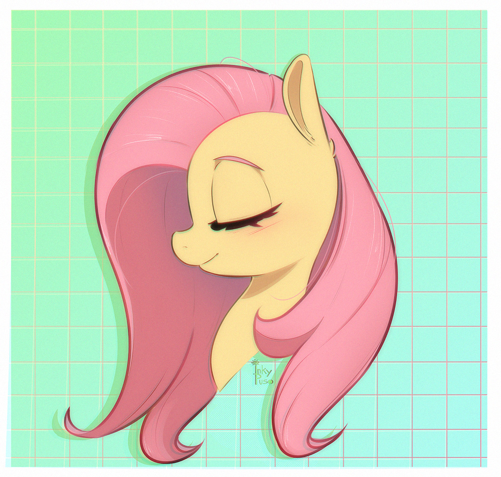 [bust,cute,eyes closed,female,fluttershy,mare,pegasus,pony,portrait,profile,safe,solo,grid,shyabetes,smiling,drop shadow,artist:inkypuso,passepartout]